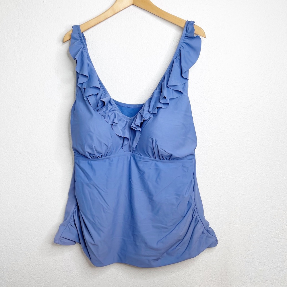 Raisins Periwinkle Blue Ruffle V-Neck‎ Tankini Top Plus Size 24W Ruched
